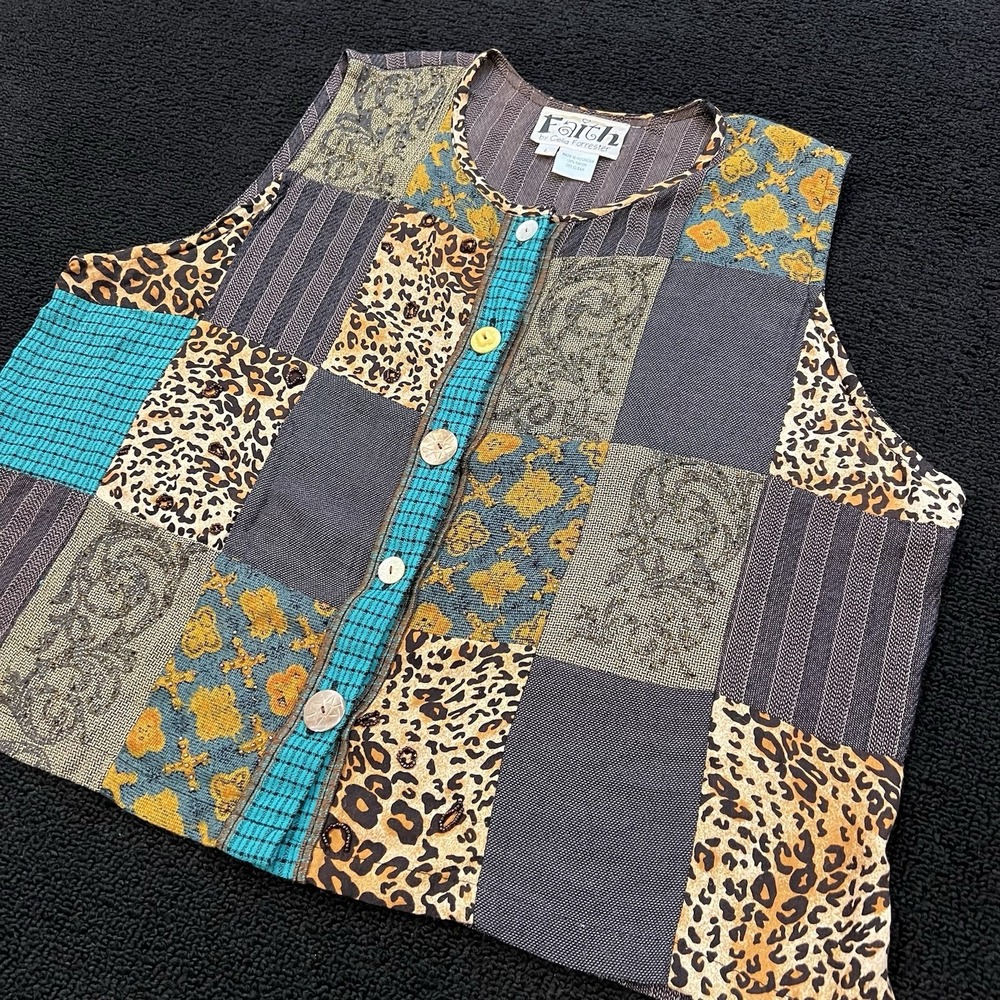 Faith Celia Forrester Vest L Patchwork Mixed Print Boho Artsy Unique Whimsy - Picture 2 of 8